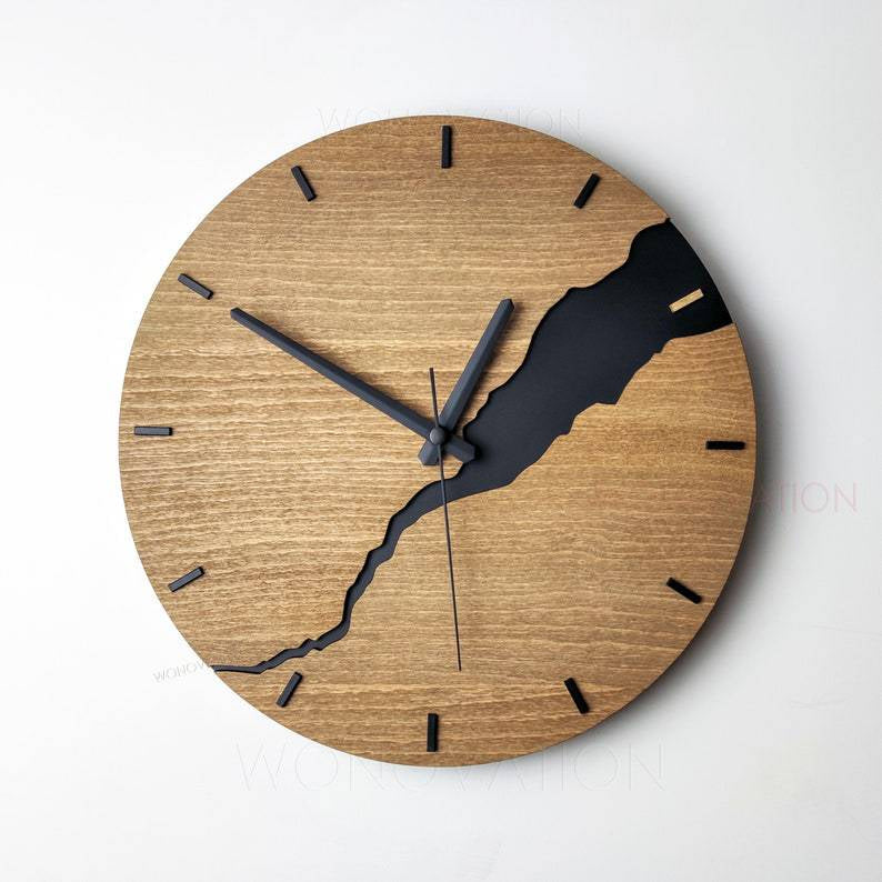 Rustic Wall Clock with Weathered Wood Finish and Cracked Design