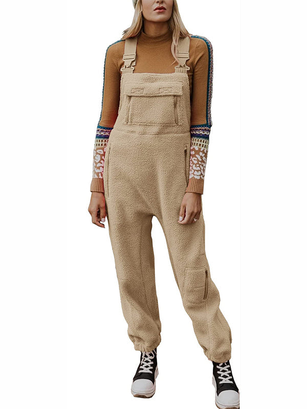 Women's Fleece Thermal Overalls with Adjustable Straps and Zippered Pockets