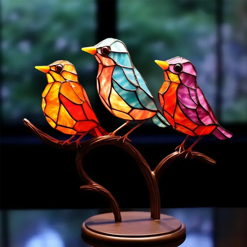 Colorful Glass Bird Ornaments on Branch