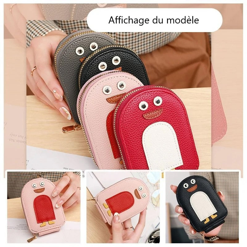 PU Leather Zipper Accordion Wallet for Credit Cards with Cute Penguin Design
