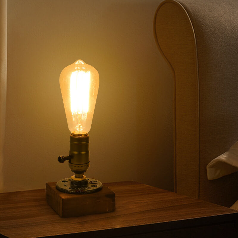 Vintage Industrial Iron Table Lamp with Pine Wood Accent