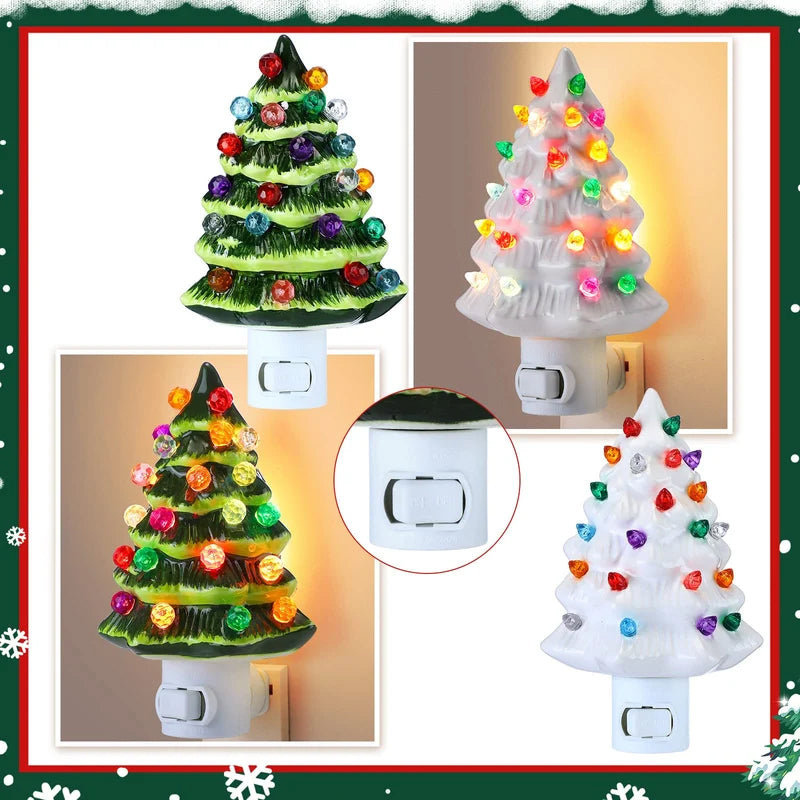 Ceramic Christmas Tree Night Light with Colorful Bulbs