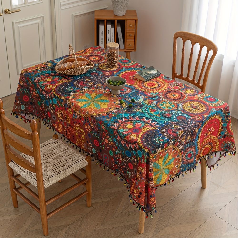 Bohemian Tassel Tablecloth with Water-Resistant Finish