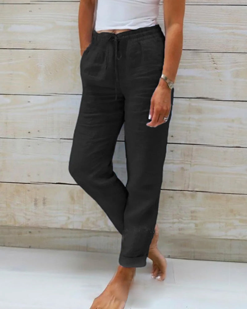 Women's Linen Cotton Pants with Elastic Waist and Drawstring