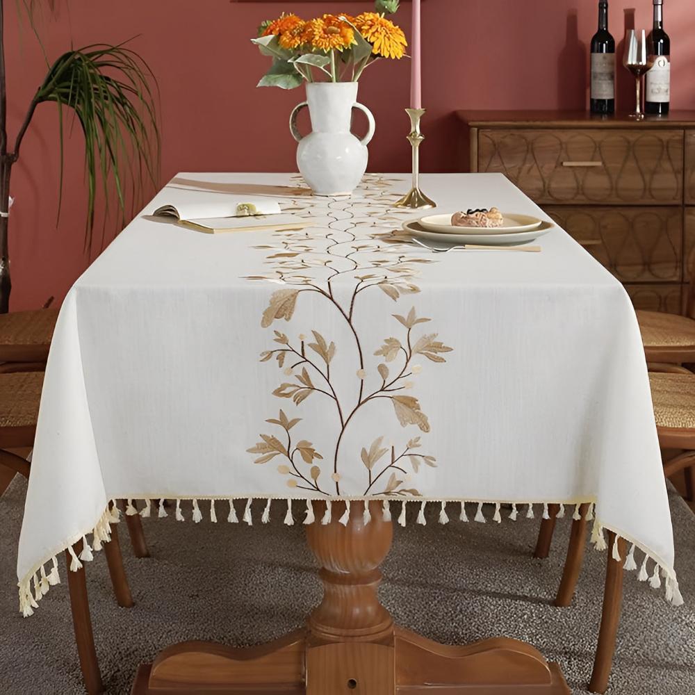 Embroidered Floral Cotton-Linen Tablecloth with Tassels