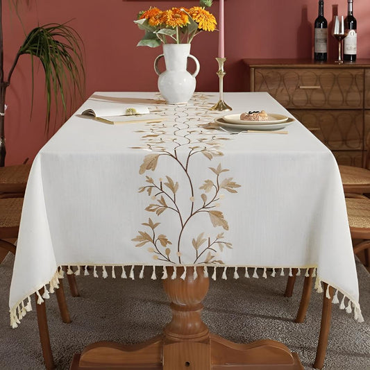Embroidered Floral Cotton-Linen Tablecloth with Tassels