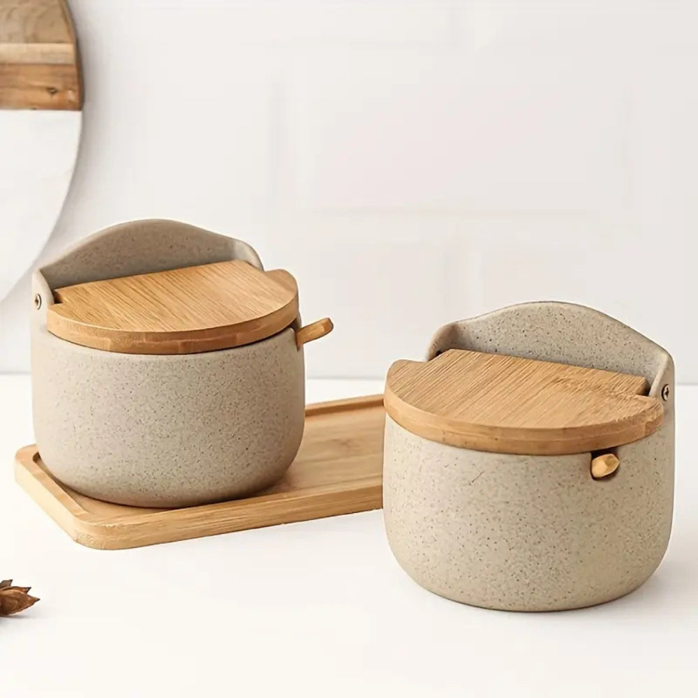 Ceramic Spice Jar Set with Bamboo Lids and Tray