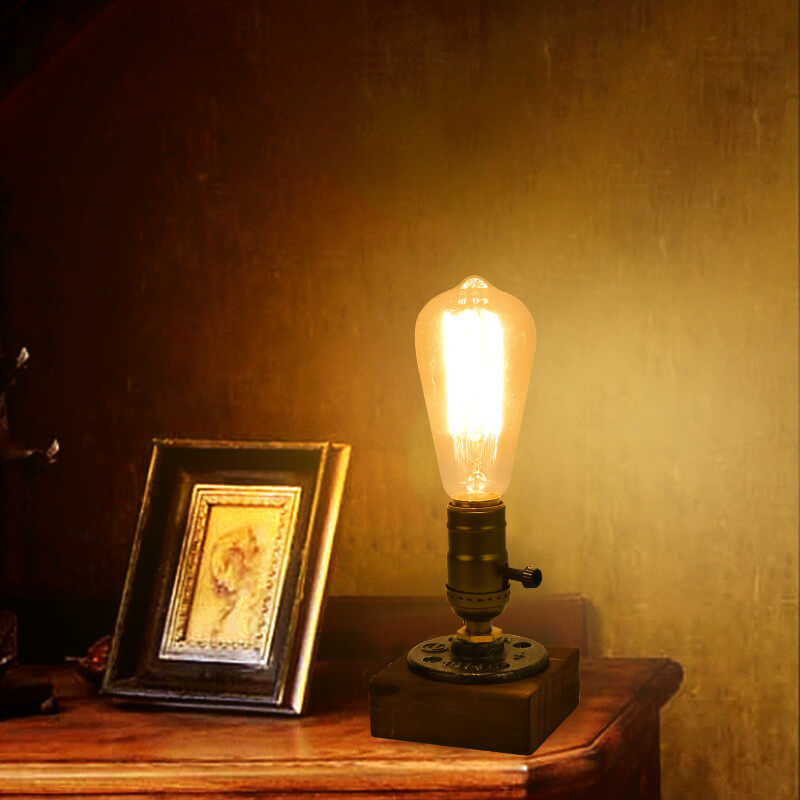 Vintage Industrial Iron Table Lamp with Pine Wood Accent
