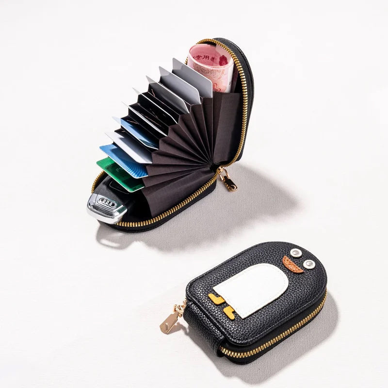 PU Leather Zipper Accordion Wallet for Credit Cards with Cute Penguin Design
