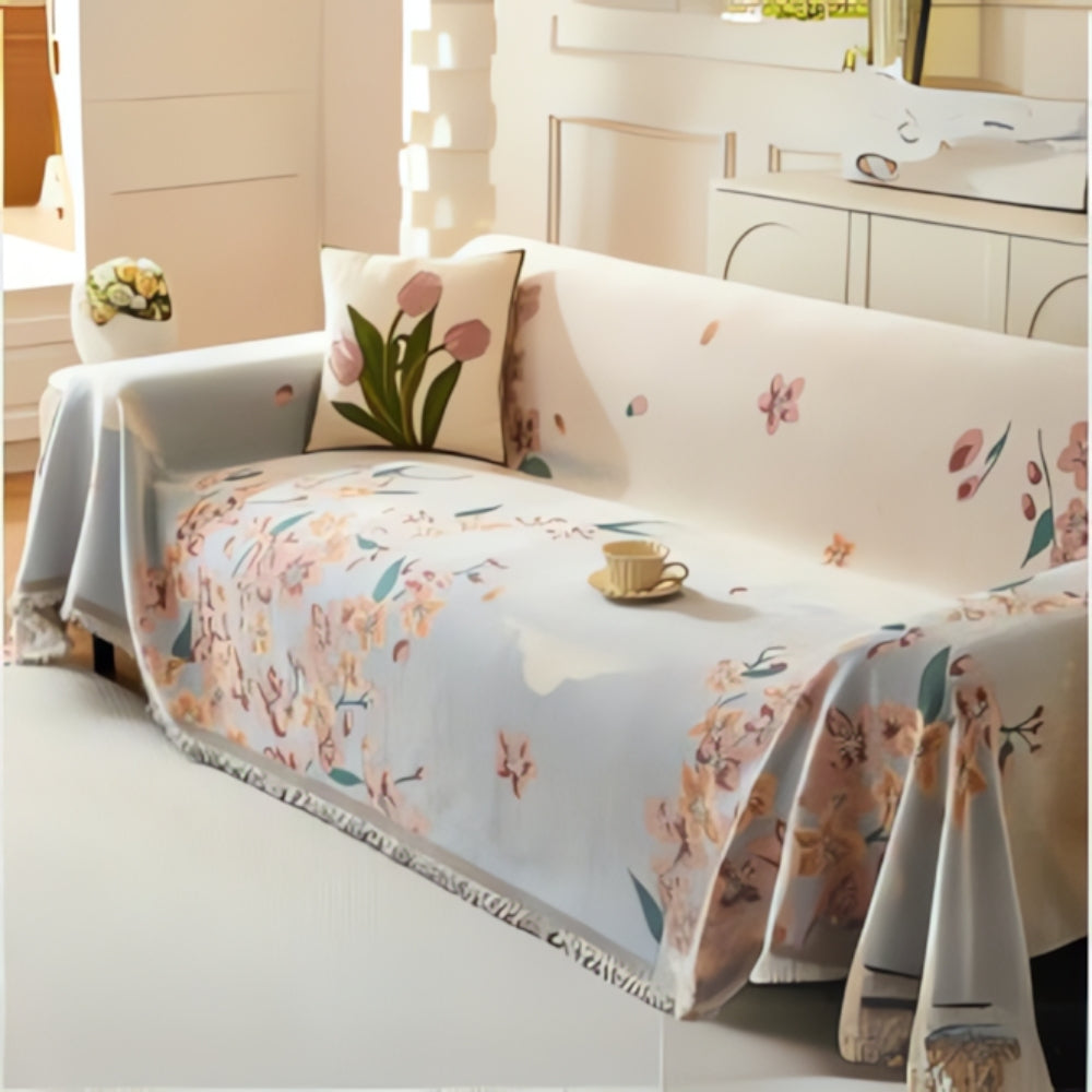 Reversible Floral Chenille Sofa Cover with Tassels