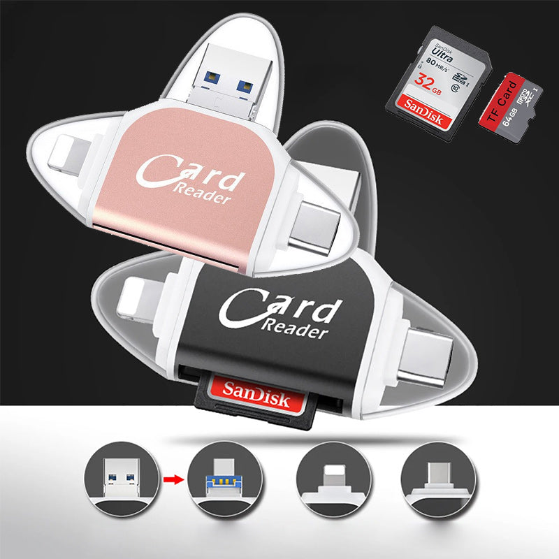 4-in-1 Universal SD TF Card Reader with Lightning and USB Connectors
