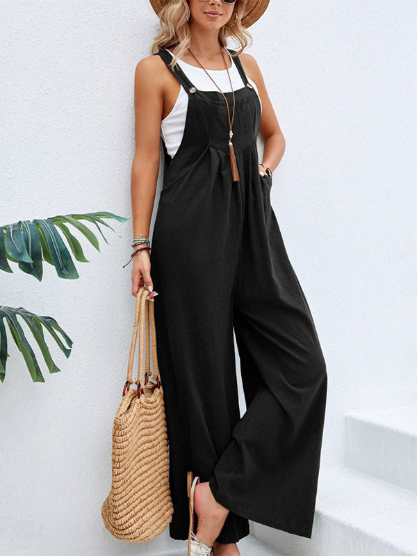 Sleeveless Button Strap Wide Leg Jumpsuit with Pockets