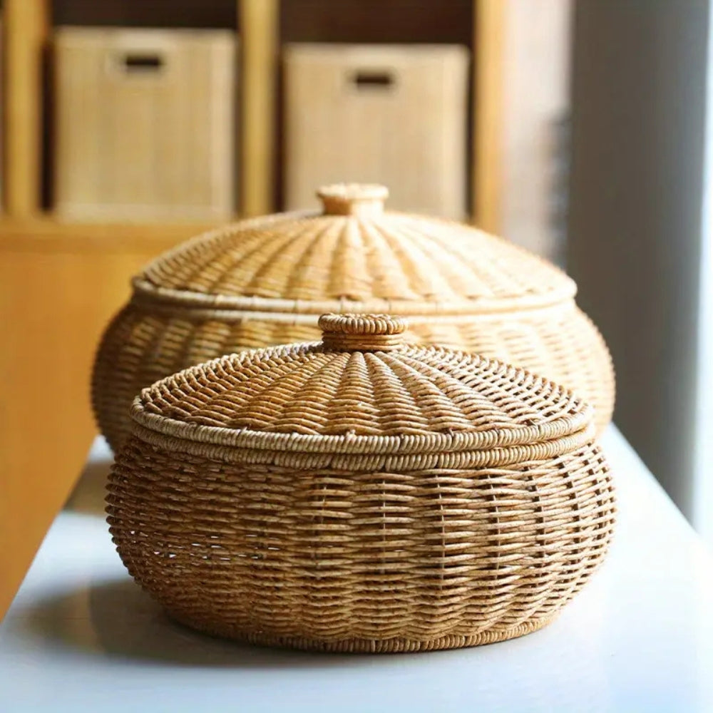 Dome-Shaped Woven Rattan Storage Basket with Lid