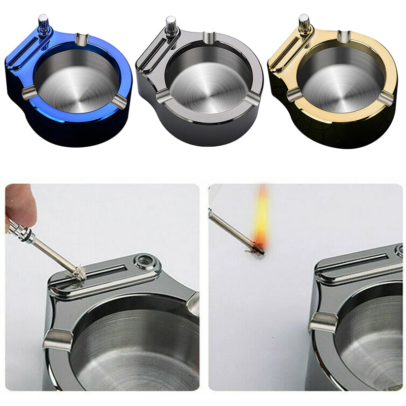 Retro Metal Ashtray with Integrated Lighter, Multifunctional Design