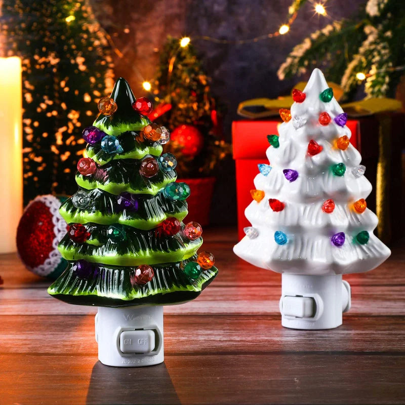 Ceramic Christmas Tree Night Light with Colorful Bulbs
