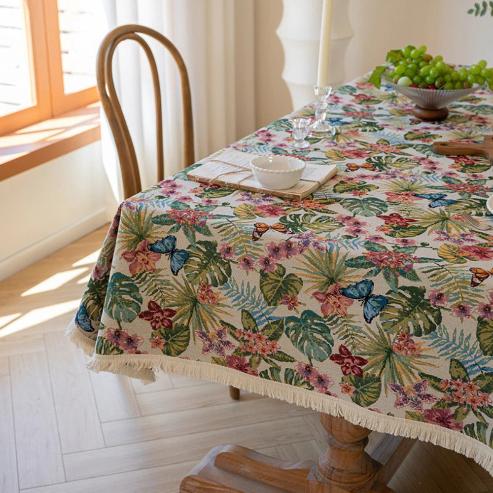 Floral Jacquard Linen Tablecloth with Fringe Trim