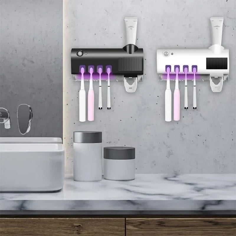Smart UV Light Toothbrush Holder with Wall-Mounted Toothpaste Dispenser