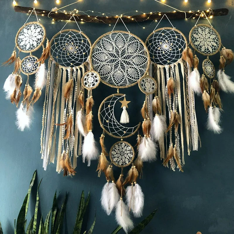 Boho Dreamcatcher Wall Hanging with Moon and Feather Design
