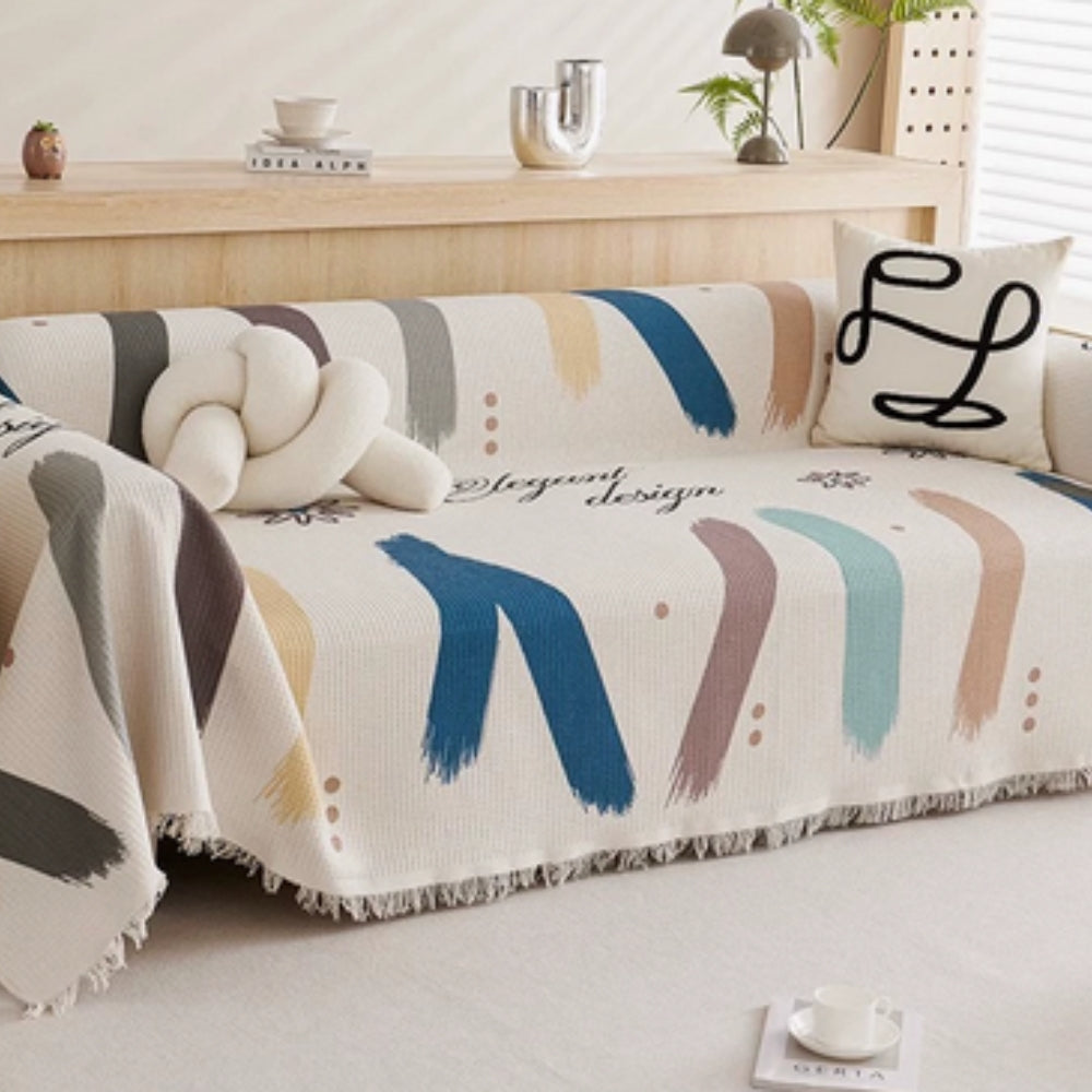Abstract Tasseled Sofa Cover in Cotton and Microfiber