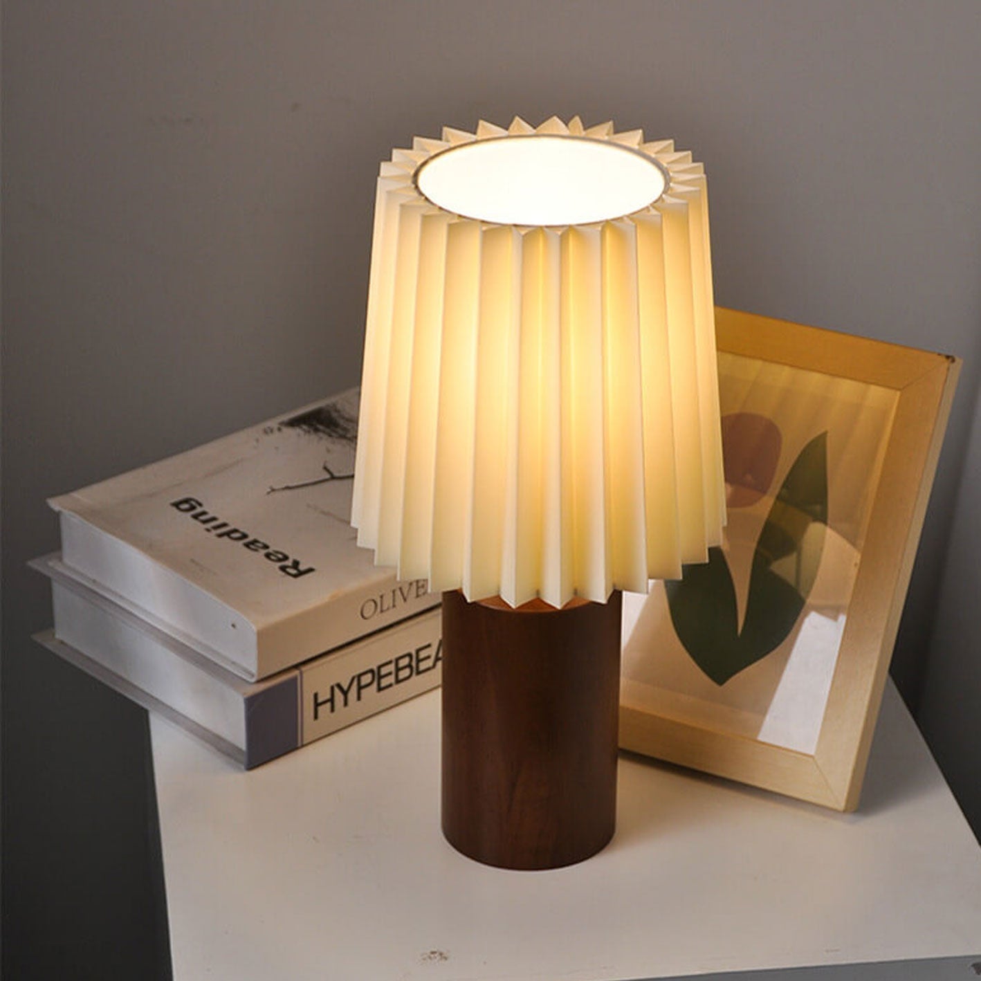 Vintage Korean Pleated Table Lamp with Solid Wood Base