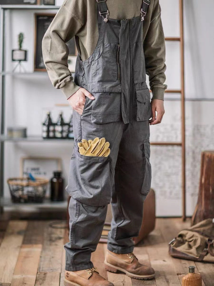 100% Cotton Loose Fit Tapered Leg Overalls with Zipper Pockets
