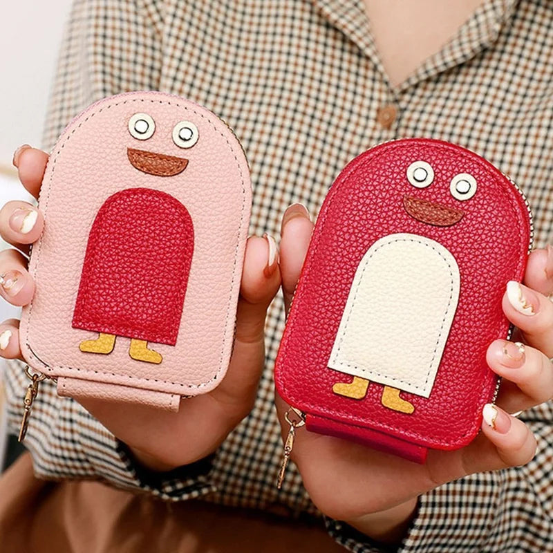 PU Leather Zipper Accordion Wallet for Credit Cards with Cute Penguin Design