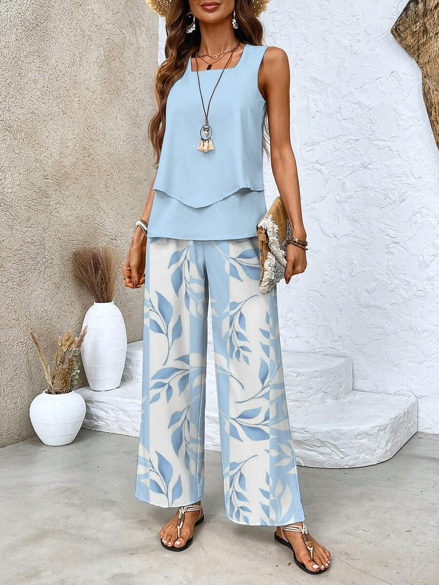 Sleeveless Summer Two-Piece Set with Wide-Leg Leaf Pattern Pants