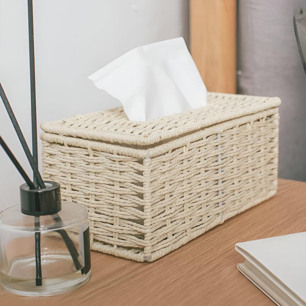 Rustic Rattan Tissue Box with Leather Accents