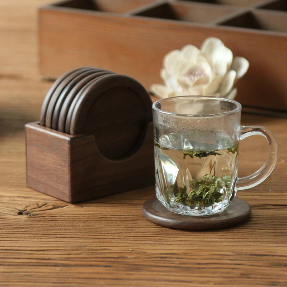 Japanese Walnut Wood Coaster Set - 6 Circular Coasters