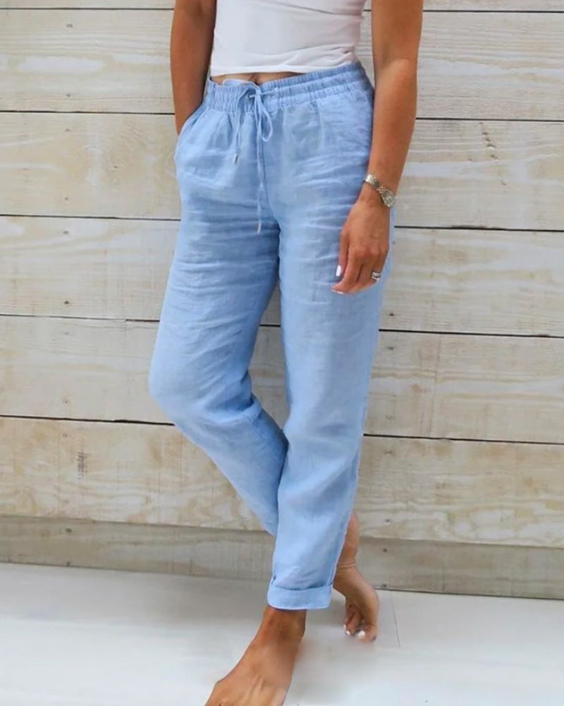 Women's Linen Cotton Pants with Elastic Waist and Drawstring