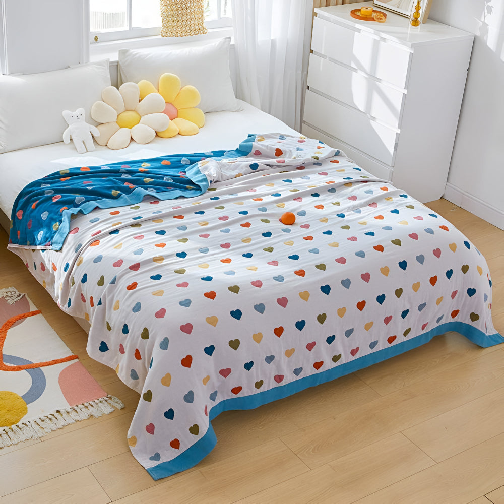 Reversible Cotton Blanket with Whimsical Heart Patterns
