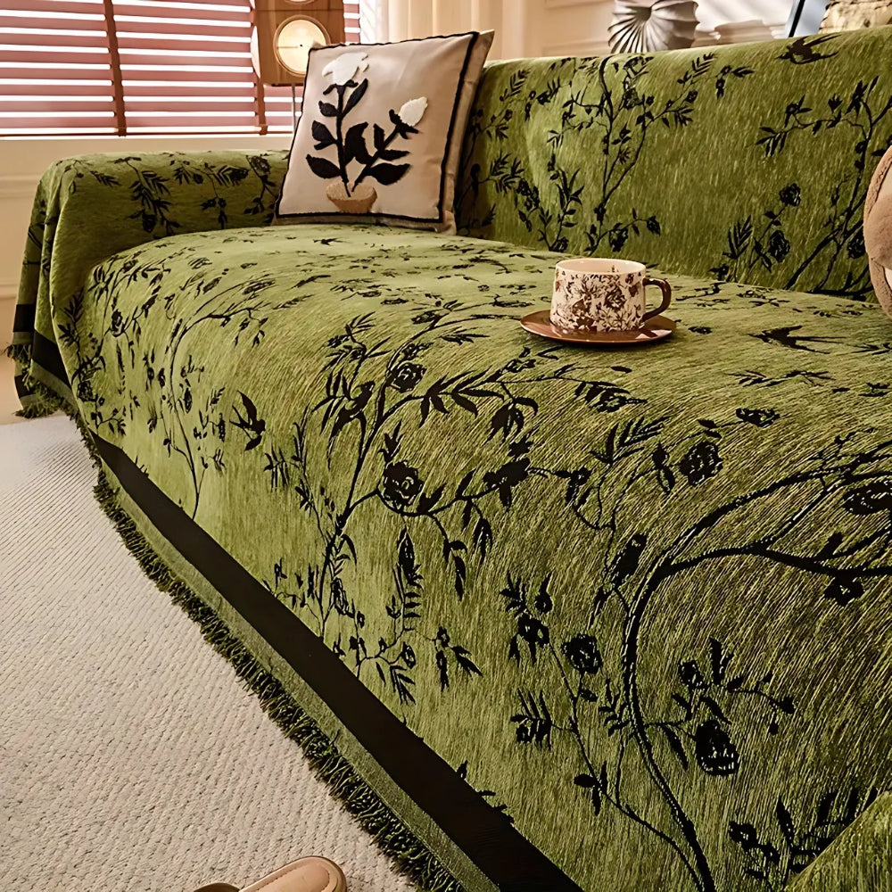 Elegant Floral Chenille Sofa Cover with Tassel Trim