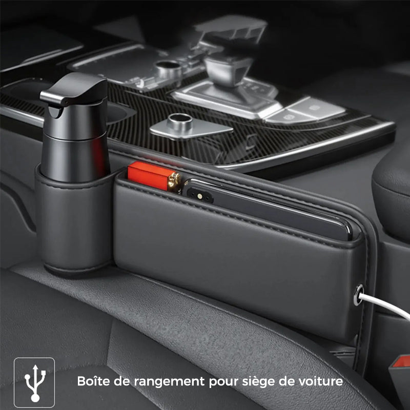 Car Seat Organizer with Charging Port - Black Leather Storage Box