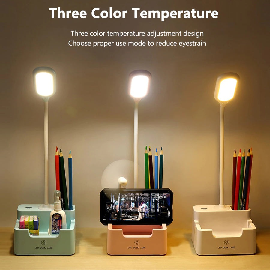Rechargeable Desk Lamp with Phone Holder and Adjustable Brightness