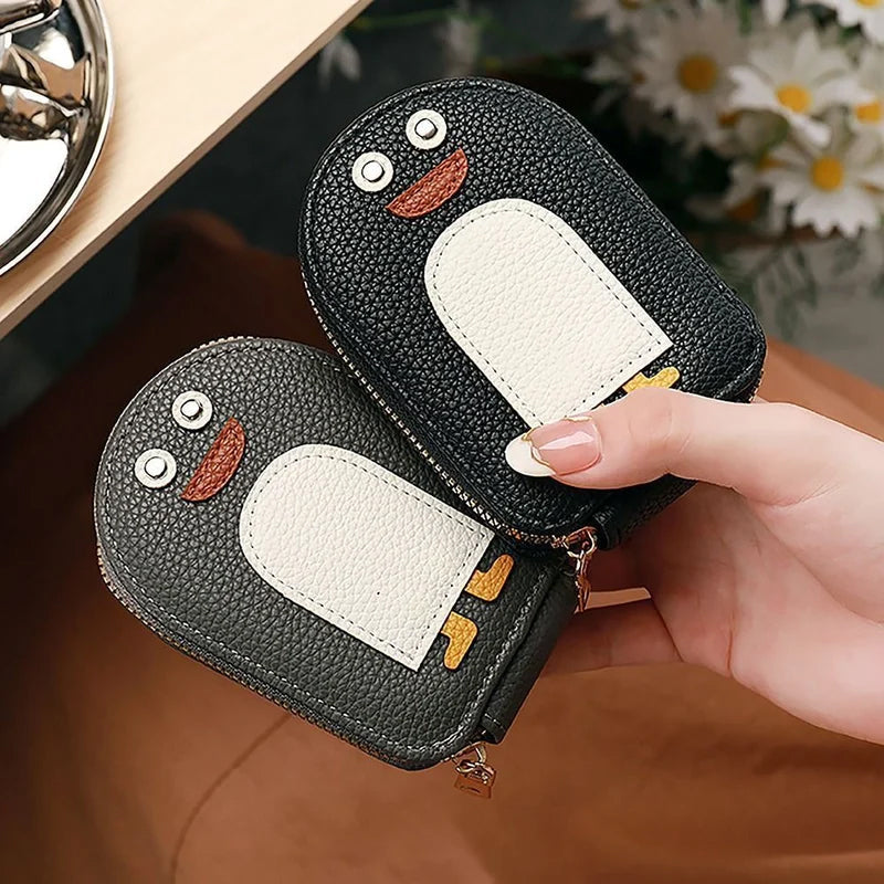 PU Leather Zipper Accordion Wallet for Credit Cards with Cute Penguin Design
