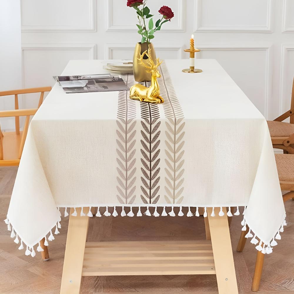 Embroidered Leaf Tablecloth with Tassel Edges