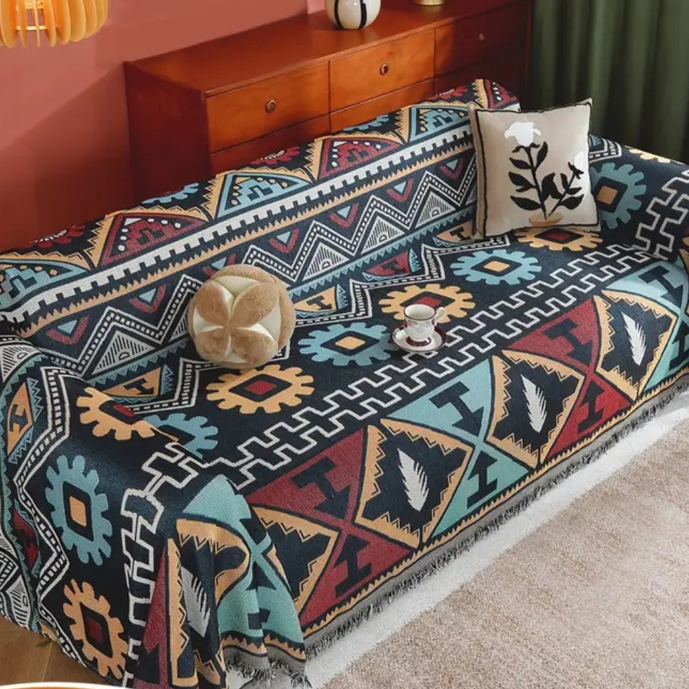 Aztec Geometric Microfiber Sofa Cover with Tassels