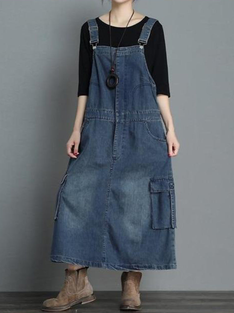 Loose Fit Vintage Denim Overall Dress with Adjustable Straps