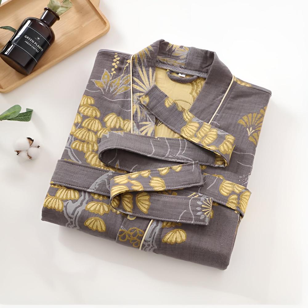 Luxurious Cotton Gauze Bathrobe with Golden Floral Patterns