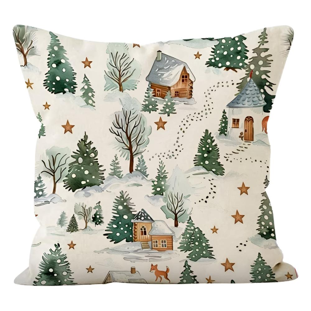 Winter Christmas Cushion Cover with Snowman and Reindeer Prints