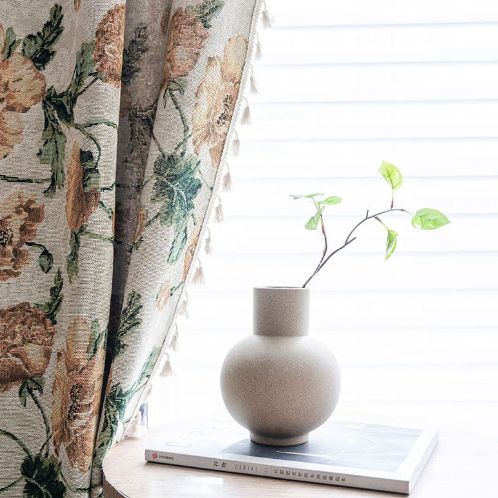 Beige Floral Light Filtering Curtain with Tassels