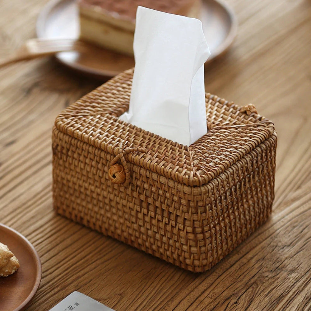 Handwoven Rattan Tissue Box with Loop Closure