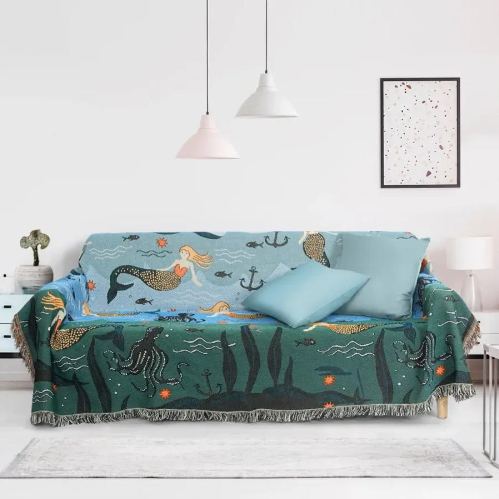 Mermaid Tapestry Sofa Cover with Tassels