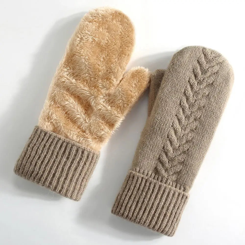 Double Layer Fleece Lined Knit Winter Mittens