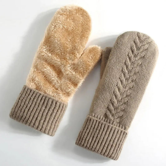 Double Layer Fleece Lined Knit Winter Mittens