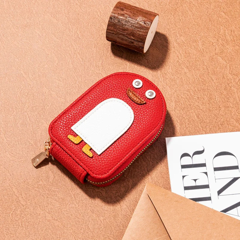 PU Leather Zipper Accordion Wallet for Credit Cards with Cute Penguin Design