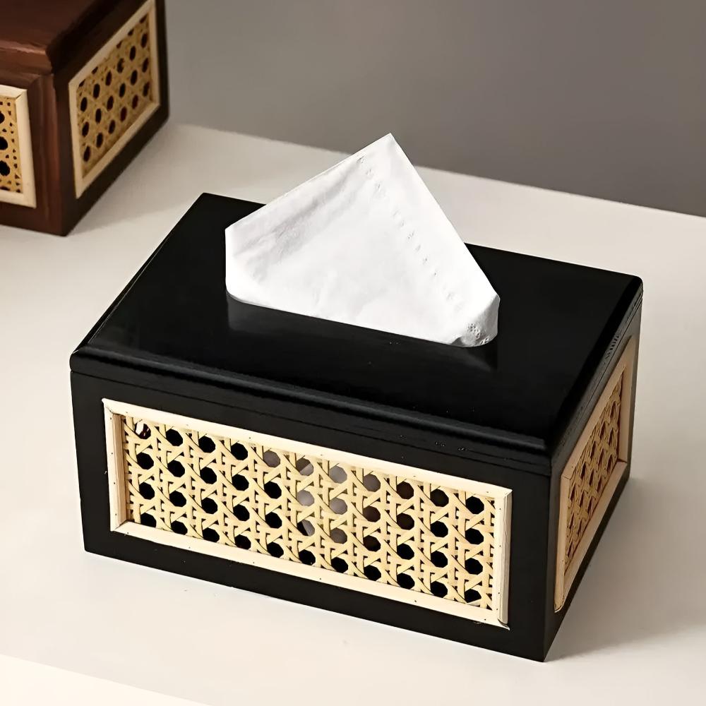 Japandi Minimalist Rattan Tissue Box with Wooden Lid