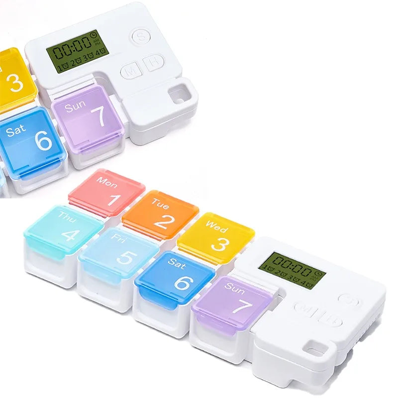 Electronic Weekly Pill Organizer with Alarms and Memory Function