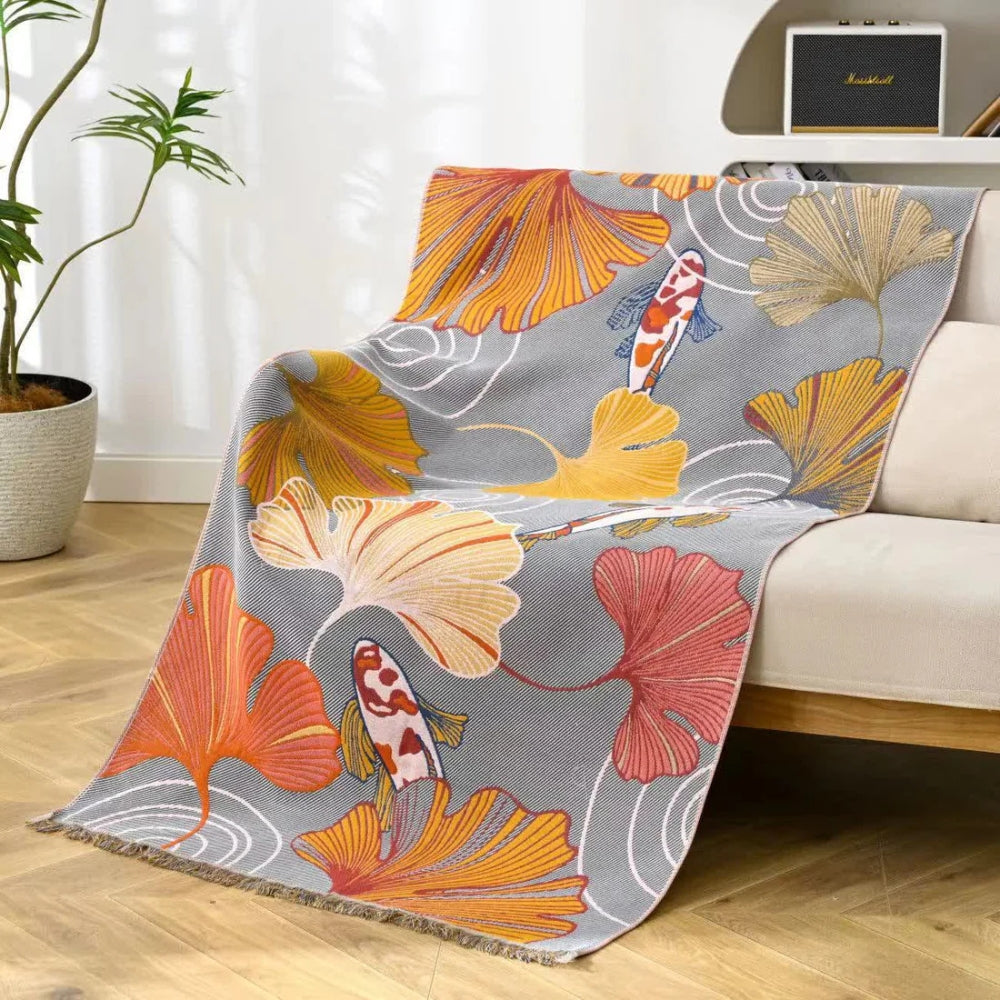 Lightweight Cotton Gauze Towel with Koi Fish and Ginkgo Leaf Design