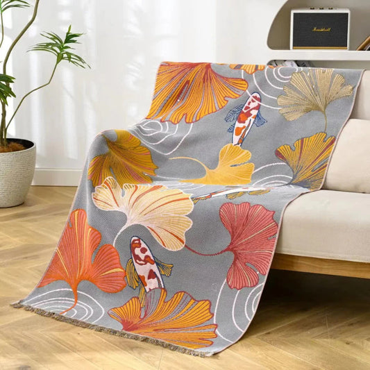Lightweight Cotton Gauze Towel with Koi Fish and Ginkgo Leaf Design